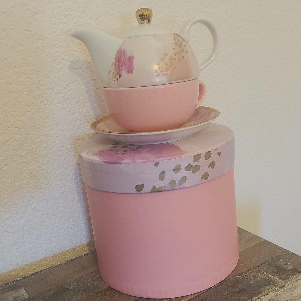 Pinky Up stacked tea set and box pink and gold watercolor